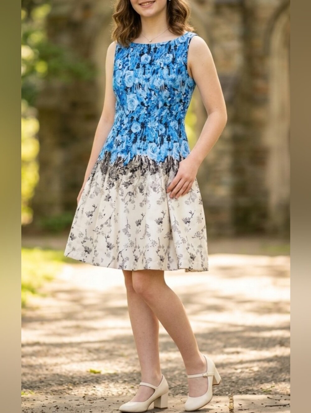 J. Taylor Size 12 Women's Blue and White Floral Festive Dress # Bohochic